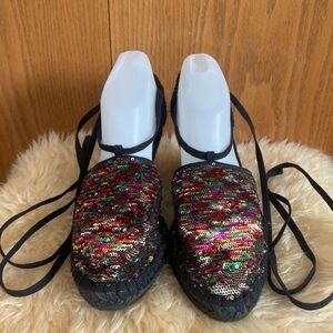 Kanna Anthropologie Sequined Ankle Tie Wedges Sz-9